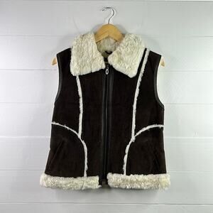 STEVE MADDEN Brown Leather Cream Fur Zip Up Vest Jacket Size Medium